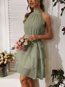 SHEIN Clasi 素色腰帶繞頸連衣裙 - 薄荷綠 - 查看 4