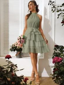 SHEIN Clasi 素色腰帶繞頸連衣裙 - 薄荷綠 - 查看 5