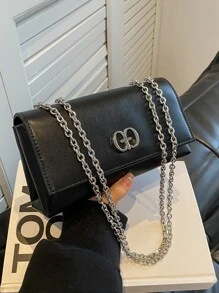 Fashionable,Minimalist,Casual,Mini Metal Decor Flap Square Bag For Girl, Teen Girls - Black - View 1