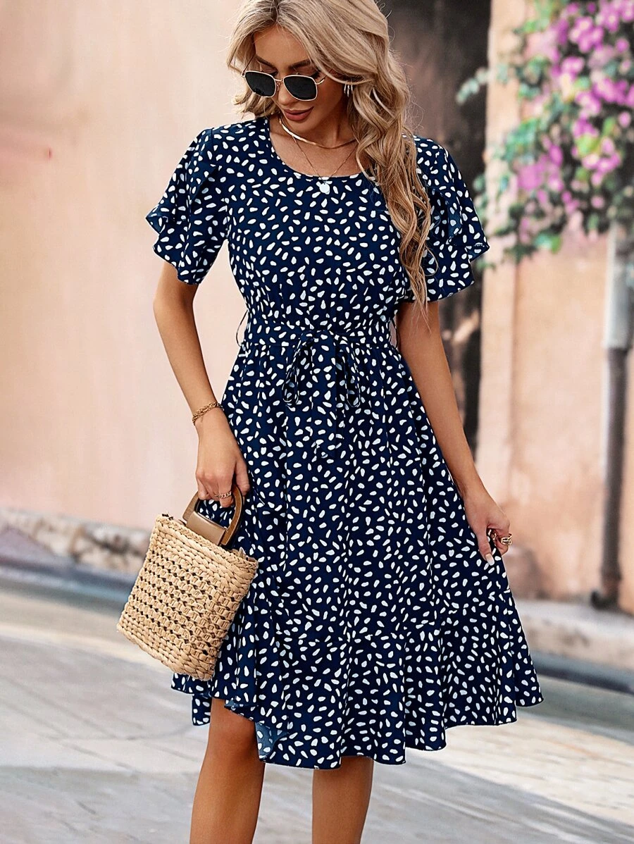 SHEIN Clasi Allover Print Belted Ruffle Hem Dress - Navy Blue - View 1