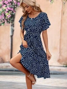 SHEIN Clasi Allover Print Belted Ruffle Hem Dress - Navy Blue - View 4