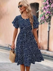 SHEIN Clasi Allover Print Belted Ruffle Hem Dress - Navy Blue - View 5