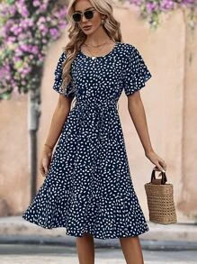 SHEIN Clasi Allover Print Belted Ruffle Hem Dress - Navy Blue - View 6