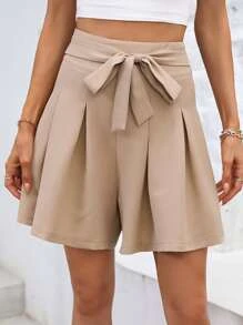 SHEIN LUNE Solid Belted Wide Leg Shorts - Khaki - View 1