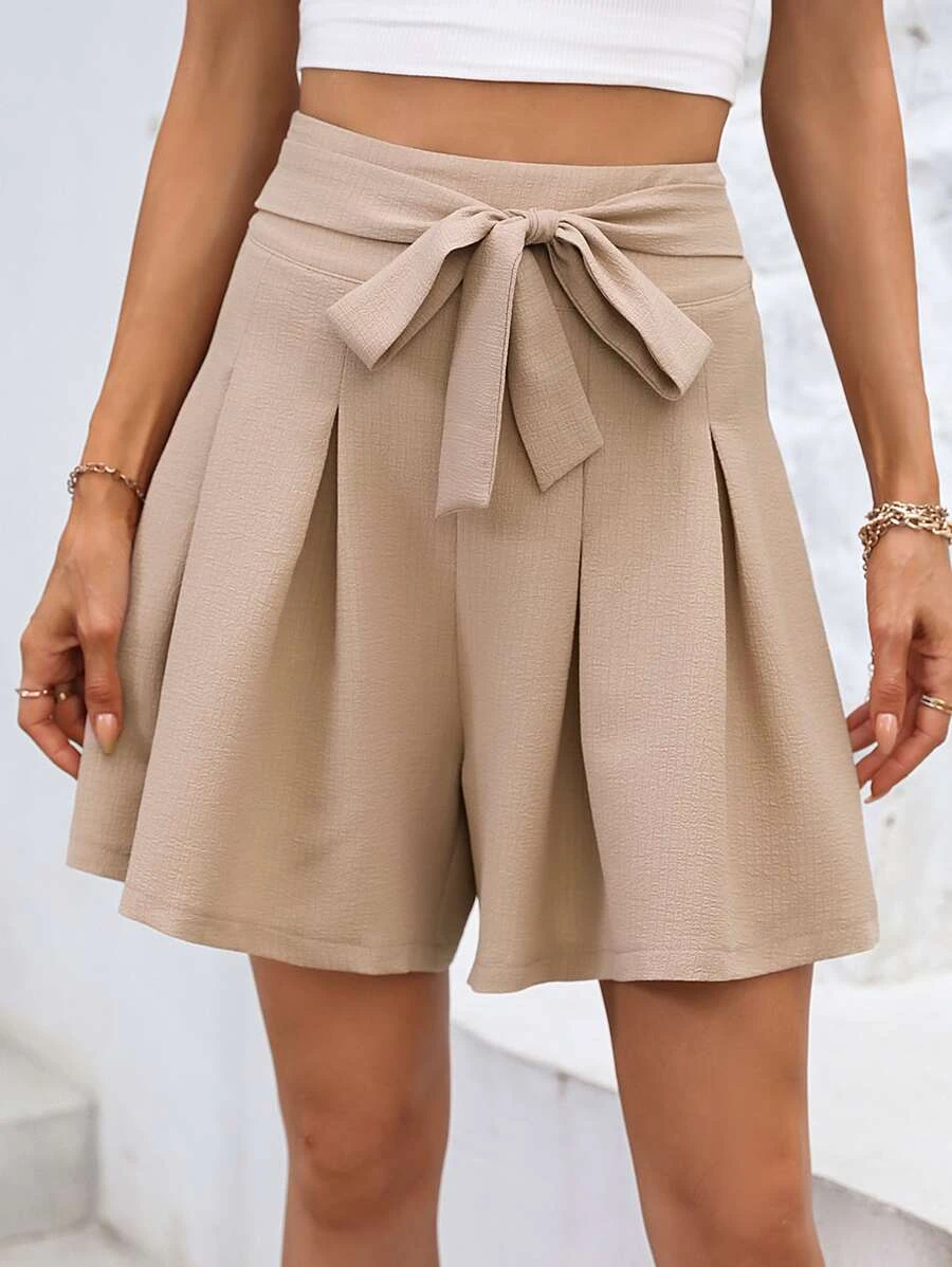 SHEIN LUNE Solid Belted Wide Leg Shorts - Khaki - View 1