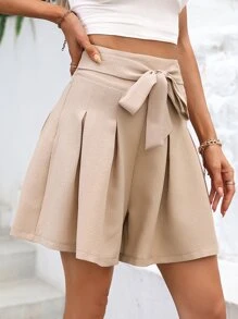 SHEIN LUNE Solid Belted Wide Leg Shorts - Khaki - View 3