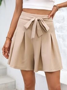 SHEIN LUNE Solid Belted Wide Leg Shorts - Khaki - View 6