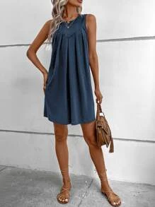 SHEIN LUNE Solid Keyhole Back Plicated Detail Tank Dress - Navy Blue - View 3