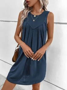 SHEIN LUNE Solid Keyhole Back Plicated Detail Tank Dress - Navy Blue - View 5