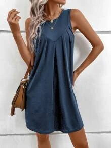 SHEIN LUNE Solid Keyhole Back Plicated Detail Tank Dress - Navy Blue - View 6