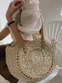 Yogodlns 镂空夏季圆形女士包藤条单肩包女孩手工编织手提包女式大号、夏季、度假、假日、书包、大容量、便携、经典休闲、适合少女、女大学生、白领、工作、返校、中学、高中、大学、度假、草编钱包、草编沙滩包、沙滩必需品、沙滩必需品、沙滩用品和夏季必需品、最适合海滩氛围的女士包、时尚柳条包 - 米色 - 查看 2