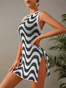 波浪線條圖案罩衫連衣裙 - 黑色 - 查看 4