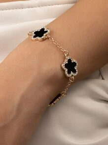 Rhinestone Flower Decor Bracelet - Yellow Gold - View 1