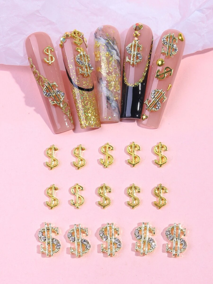 15入組指甲藝術合金裝飾，搭配美元符號和鑽石，DIY美甲裝飾，美甲必備 - 彩色 - 查看 1
