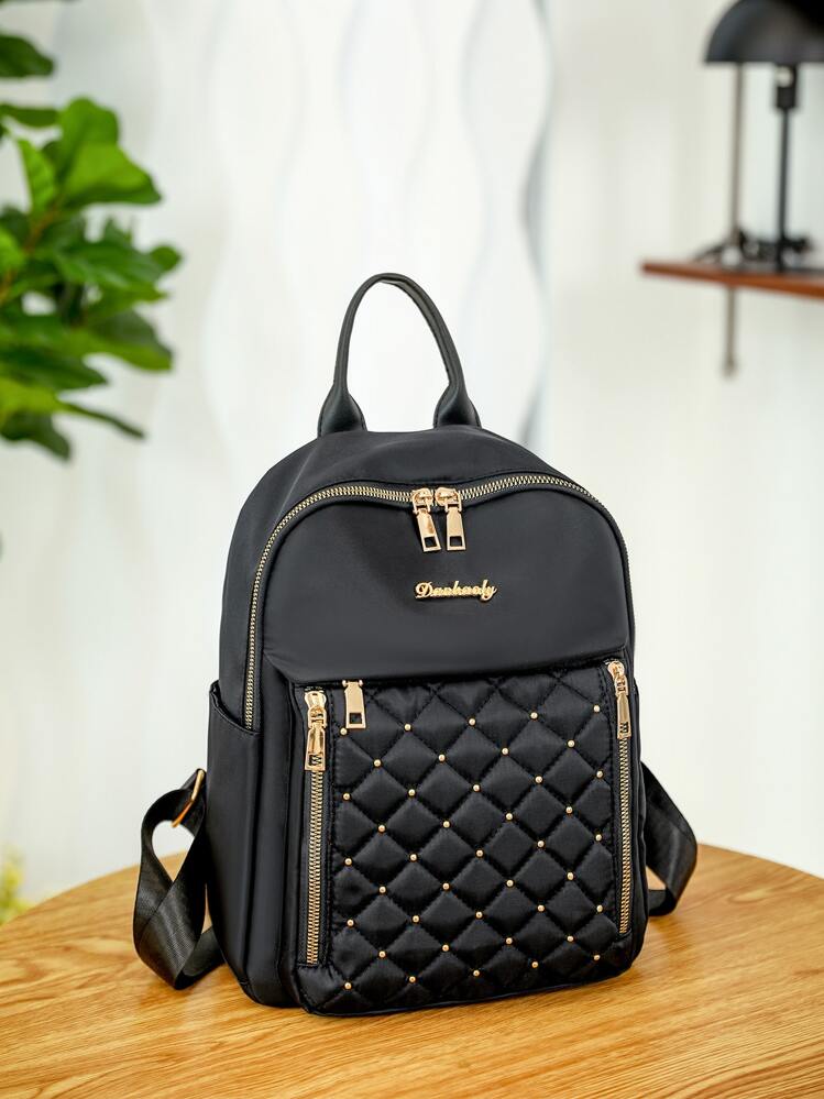 Studded & Metal Letter Decor Fashion Backpack School Bag For Graduate, Teen Girls, Freshman, Sophomore, Junior & Senior In College, University & High School, Perfect For Outdoors ,Travel & Back To School Portable,Lightweight - Black - View 1