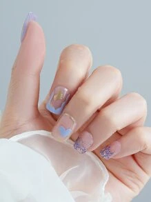 24 piezas corto cuadrado con estampado de corazón Uña postiza & 1 pieza lima de uñas & 1 hoja cinta - Blanco - Ver 1