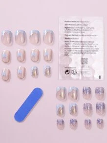 24 piezas corto cuadrado con estampado de corazón Uña postiza & 1 pieza lima de uñas & 1 hoja cinta - Blanco - Ver 2