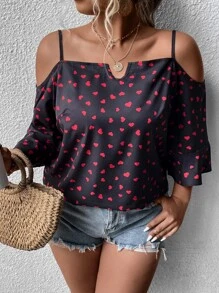 SHEIN LUNE Blusa con estampado de corazón de hombros descubiertos - Multicolor - Ver 1