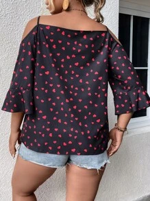 SHEIN LUNE Blusa con estampado de corazón de hombros descubiertos - Multicolor - Ver 2
