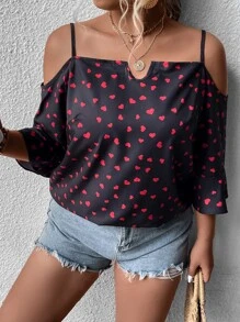 SHEIN LUNE Blusa con estampado de corazón de hombros descubiertos - Multicolor - Ver 3