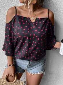 SHEIN LUNE Blusa con estampado de corazón de hombros descubiertos - Multicolor - Ver 4