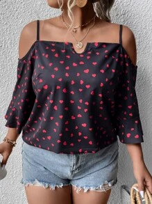 SHEIN LUNE Blusa con estampado de corazón de hombros descubiertos - Multicolor - Ver 5