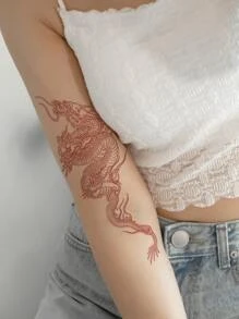 STARTTOOS 1張經典大型龍設計花卉暫時性紋身貼紙,適用於手臂或身體 - 紅色 - 查看 2