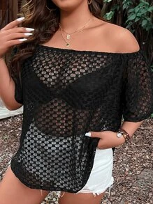 SHEIN LUNE Plus Off Shoulder Sheer Top Without Bra - Black - View 1