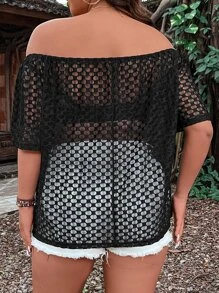 SHEIN LUNE Plus Off Shoulder Sheer Top Without Bra - Black - View 2