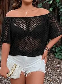 SHEIN LUNE Plus Off Shoulder Sheer Top Without Bra - Black - View 4