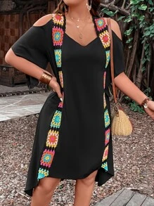 Breezaya Plus Crochet Detail Cold Shoulder High Low Hem Dress - Black - View 1