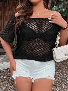 SHEIN LUNE Plus Off Shoulder Sheer Top Without Bra - Black - View 6