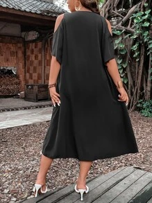 Breezaya Plus Crochet Detail Cold Shoulder High Low Hem Dress - Black - View 2