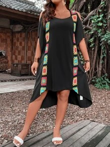 Breezaya Plus Crochet Detail Cold Shoulder High Low Hem Dress - Black - View 4