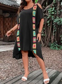 Breezaya Plus Crochet Detail Cold Shoulder High Low Hem Dress - Black - View 5