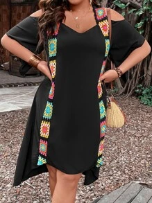 Breezaya Plus Crochet Detail Cold Shoulder High Low Hem Dress - Black - View 6