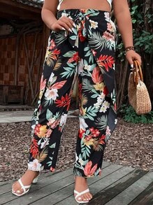 SHEIN Holidaya Plus Tropical Print Tie Front Trousers - Multicolor - View 1