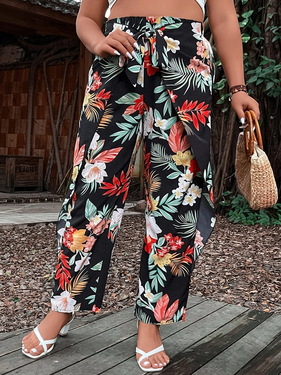 SHEIN Holidaya Plus Tropical Print Tie Front Trousers - Multicolor - View 1