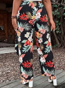 SHEIN Holidaya Plus Tropical Print Tie Front Trousers - Multicolor - View 2
