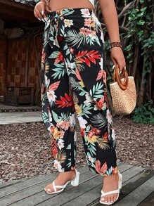 SHEIN Holidaya Plus Tropical Print Tie Front Trousers - Multicolor - View 4