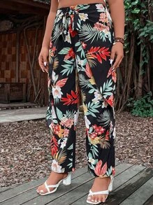 SHEIN Holidaya Plus Tropical Print Tie Front Trousers - Multicolor - View 5