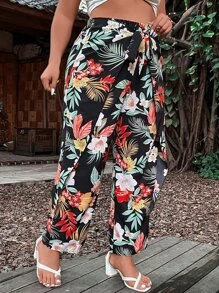 SHEIN Holidaya Plus Tropical Print Tie Front Trousers - Multicolor - View 6
