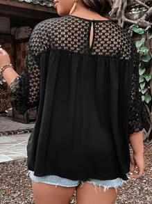 SHEIN LUNE Top con encaje en contraste de manga con volante - Negro - Ver 2