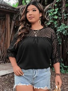 SHEIN LUNE Top con encaje en contraste de manga con volante - Negro - Ver 4