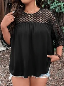 SHEIN LUNE Top con encaje en contraste de manga con volante - Negro - Ver 5