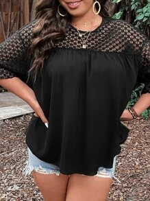 SHEIN LUNE Top con encaje en contraste de manga con volante - Negro - Ver 6