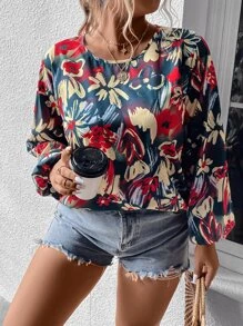 SHEIN LUNE Plus Floral Print Lantern Sleeve Blouse - Multicolor - View 1