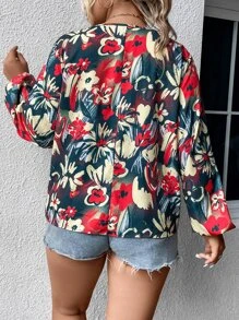 SHEIN LUNE Plus Floral Print Lantern Sleeve Blouse - Multicolor - View 2