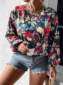 SHEIN LUNE Plus Floral Print Lantern Sleeve Blouse - Multicolor - View 3