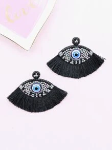 Evil Eye & Rhinestone Decor Tassel Stud Earrings - Black - View 5